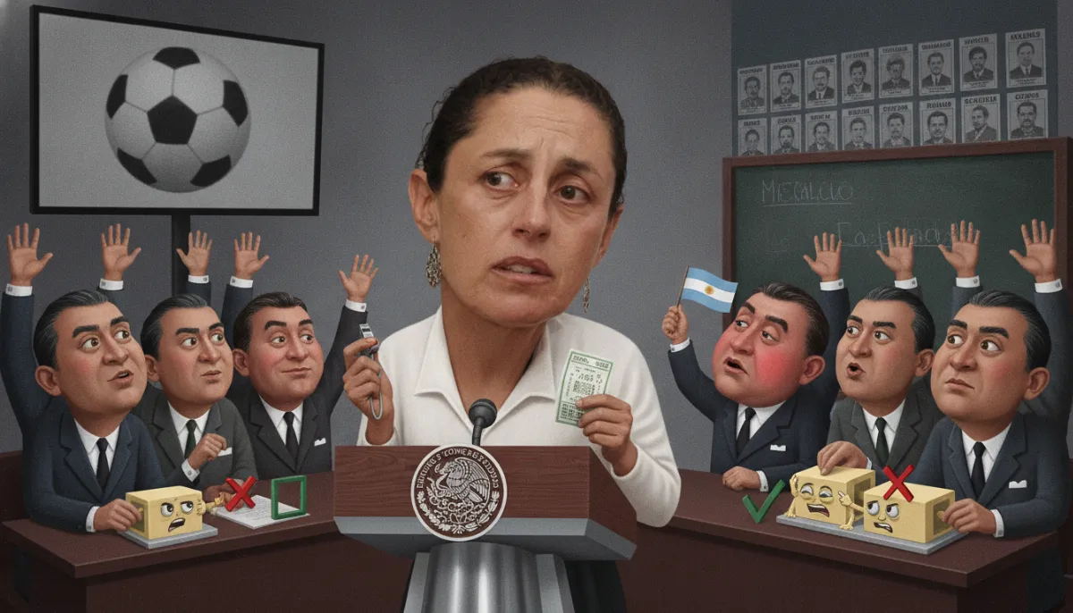 Caricatura: La mañanera arranca con quiniela y termina en Bachillerato: gol de becas al ángulo
