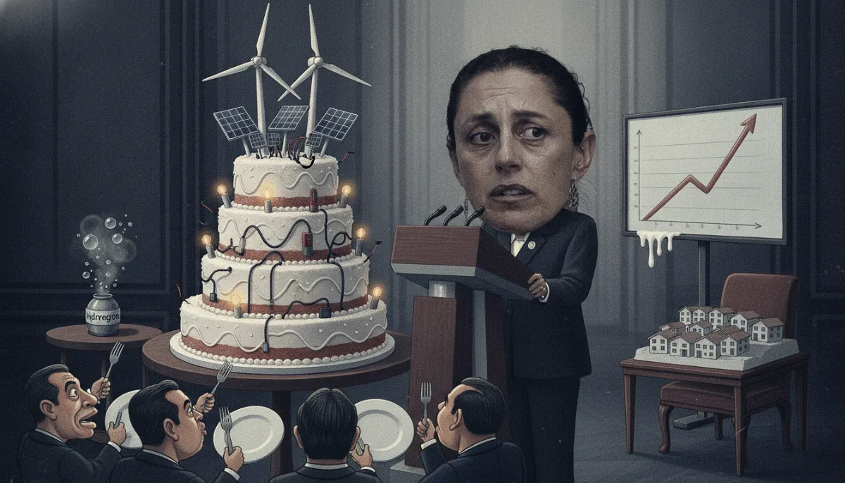 Caricatura: Mañanera con pastel, hidrógeno y soberanía: la Presidenta sopla 32 mil megawatts de velitas